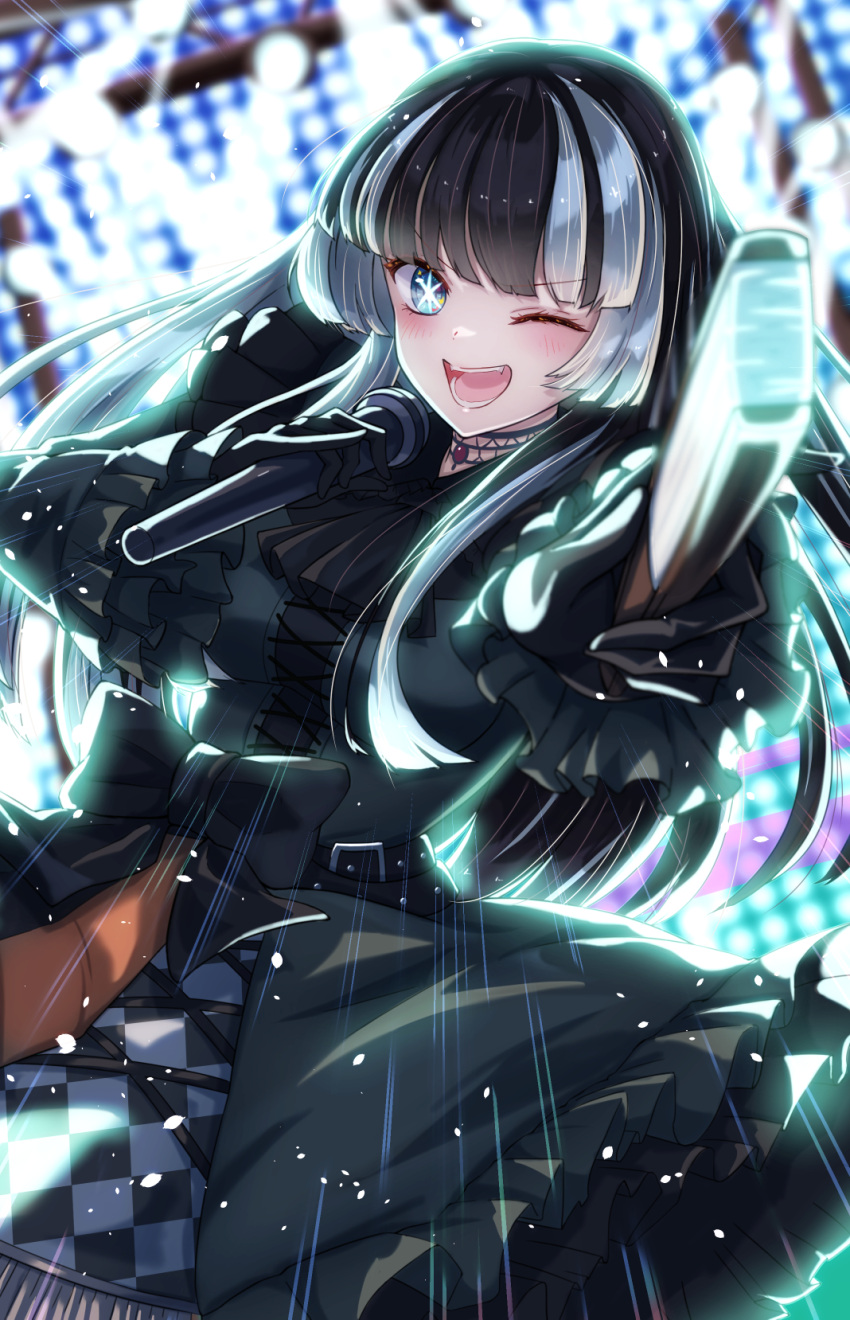1girl black_choker black_dress black_gloves black_hair blue_eyes blunt_bangs choker dress frilled_dress frills gloves gothic_lolita grey_hair hand_fan highres holding holding_fan holding_microphone hololive hololive_dev_is juufuutei_raden lace-trimmed_choker lace_trim lolita_fashion long_hair looking_at_viewer microphone multicolored_hair one_eye_closed open_mouth sidelocks smile solo streaked_hair virtual_youtuber yanu