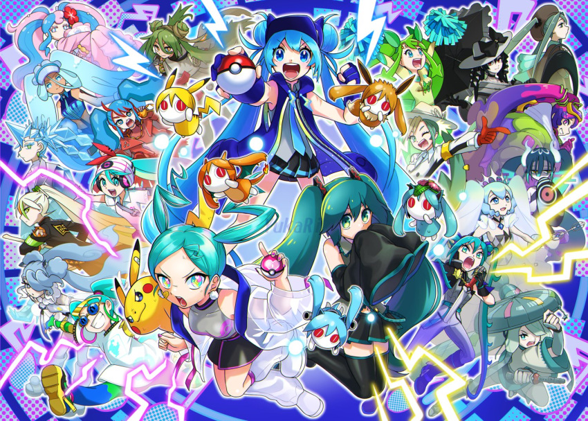 6+girls aqua_hair armband armpit_crease artist_name bandaid bandaid_on_face bandana black_gloves black_skirt black_thighhighs blastoise blue_background blue_eyes blue_hair blue_headwear blue_necktie blue_skirt breasts bug_miku_(project_voltage) charizard closed_mouth collared_shirt colored_eyelashes colored_skin commentary crown curly_hair dark_miku_(project_voltage) detached_sleeves diamond_earrings double_bun doughnut_hair_bun dragon_miku_(project_voltage) earrings eevee electric_miku_(project_voltage) everyone eyelashes facing_to_the_side fairy_miku_(project_voltage) fighting_miku_(project_voltage) fire_miku_(project_voltage) flower flying flying_miku_(project_voltage) ghost_miku_(project_voltage) glasses glitch gloves grass_miku_(project_voltage) green_armband green_eyes green_hair green_jacket grin ground_miku_(project_voltage) hair_between_eyes hair_bun hair_flower hair_ornament hair_over_one_eye hat hatsune_miku heart heart_in_eye holding holding_poke_ball holding_umbrella holding_weapon hoop_earrings ice_miku_(project_voltage) jacket jewelry leaf lightning_bolt-shaped_pupils lightning_bolt_symbol long_hair long_sleeves loose_socks love_ball microphone miniskirt multicolored_hair multiple_girls necktie normal_miku_(project_voltage) one_eye_closed open_mouth pikachu pillow pink_eyes pink_hair pink_nails pink_sweater plaid plaid_skirt pleated_skirt poison_miku_(project_voltage) poke_ball poke_ball_symbol pokemon pom_pom_(cheerleading) project_voltage psychic_miku_(project_voltage) purple_hair red_bandana red_eyes red_flower red_gloves redhead rock_miku_(project_voltage) scrunchie see-through see-through_sleeves shirt sidelocks skirt sleeveless sleeveless_shirt sleeves_past_wrists smile socks steel_miku_(project_voltage) suit sun_hat sweater symbol_in_eye teeth thigh-highs twintails two-tone_hair umbrella v-shaped_eyebrows venusaur very_long_hair violet_eyes vocaloid water_miku_(project_voltage) watermark weapon white_headwear white_leg_warmers white_shirt white_socks white_suit yellow_eyes yellow_footwear yellow_scrunchie yellow_skin yukari_(yukari21653710)