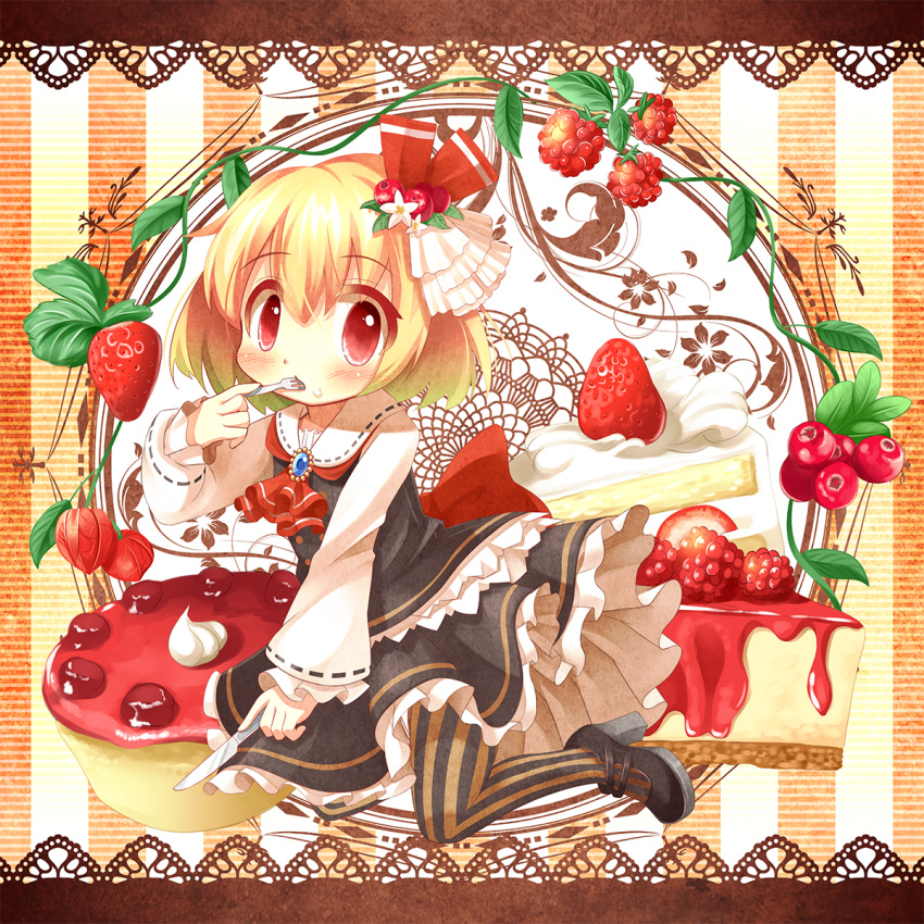 1girl ascot black_skirt blonde_hair blue_brooch blush cake cheesecake commentary_request cranberry cream eating english_commentary flower food food_focus food_on_face fork fruit fruit_hair_ornament hair_flower hair_ornament hair_ribbon highres holding holding_fork holding_knife knife leaf leaf_hair_ornament long_sleeves looking_at_viewer medium_hair mixed-language_commentary raspberry red_ascot red_eyes red_ribbon ribbon rumia shiro_1213 shoes skirt skirt_set solo strawberry strawberry_shortcake strawberry_slice touhou