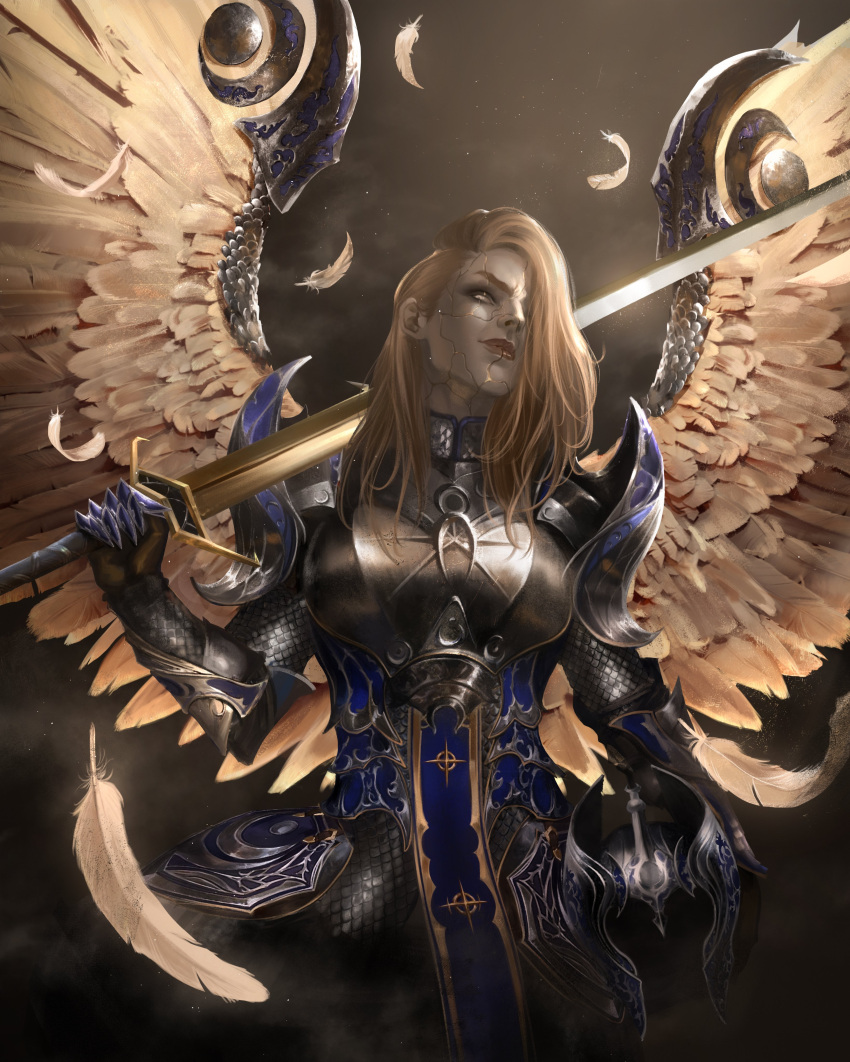 1girl absurdres armor baldur's_gate baldur's_gate_3 blonde_hair boobplate breastplate brown_background caio_santos chainmail commentary cowboy_shot cracked_skin dame_aylin dungeons_and_dragons falling_feathers faulds feathered_wings gauntlets hair_over_one_eye helmet highres holding holding_helmet holding_sword holding_weapon looking_at_viewer medium_hair one_eye_covered over_shoulder pauldrons realistic shoulder_armor smile solo standing sword unworn_headwear unworn_helmet weapon weapon_over_shoulder wing_armor wings yellow_eyes