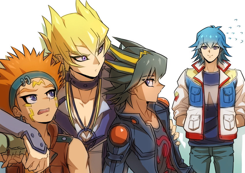 4boys arm_around_shoulder arms_behind_back black_hair black_shirt blonde_hair blue_eyes blue_hair blue_headband blue_jacket blue_shirt brown_jacket bruno_(yu-gi-oh!) coat collared_shirt confused crow_hogan dangle_earrings earrings facial_mark facial_tattoo fingerless_gloves flying_sweatdrops forehead_mark fudou_yuusei glaring gloves green_gloves hand_on_another's_arm headband highres jack_atlas jacket jewelry long_coat looking_to_the_side male_focus marking_on_cheek multicolored_hair multiple_boys necklace nervous nervous_smile nervous_sweating open_mouth orange_hair pants raised_eyebrows shirt short_hair short_hair_with_long_locks shoulder_pads simple_background sleeveless sleeveless_jacket sleeves_rolled_up smile spiky_hair standing streaked_hair sweat t-shirt tattoo violet_eyes white_background white_coat white_shirt youko-shima yu-gi-oh! yu-gi-oh!_5d's
