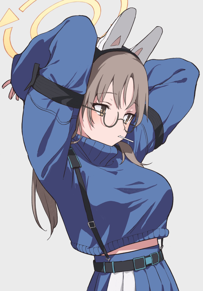 1girl animal_ears arms_behind_head belt black_belt blue_archive blue_skirt blue_sweater breasts brown_eyes brown_hair fake_animal_ears food_in_mouth glasses grey_background halo highres large_breasts long_hair long_sleeves moe_(blue_archive) pleated_skirt rabbit_ears round_eyewear simple_background skirt solo sweater twintails two-tone_skirt white_skirt yellow_halo yomoyama55