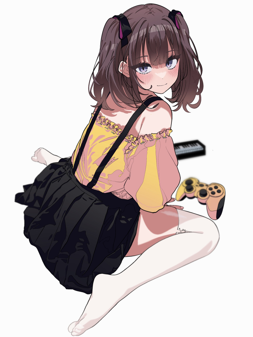 1girl absurdres bare_shoulders black_skirt blush brown_eyes brown_hair closed_mouth frills full_body hair_behind_ear hair_ribbon hand_on_ground highres instrument invisible_floor keyboard_(instrument) looking_at_viewer looking_back luvluvvox off-shoulder_shirt off_shoulder on_ground original playstation_controller ribbon shirt simple_background sitting skirt smile socks solo suspenders thigh-highs thighs toes twintails wariza white_background white_thighhighs