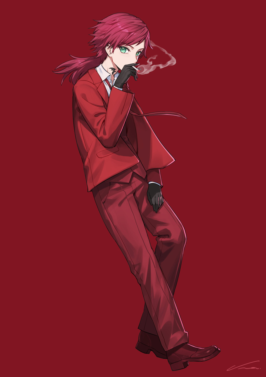 1boy absurdres black_gloves blazer cigarette collared_shirt full_body gloves green_eyes highres holding holding_cigarette invisible_floor invisible_object jacket lauren_iroas leaning_back legs long_hair neck_tattoo necktie nemoto_yuuma nijisanji open_clothes open_jacket pants ponytail red_footwear red_jacket red_necktie red_pants red_vest redhead shirt shoes signature simple_background smoking solo standing swept_bangs tattoo vest virtual_youtuber