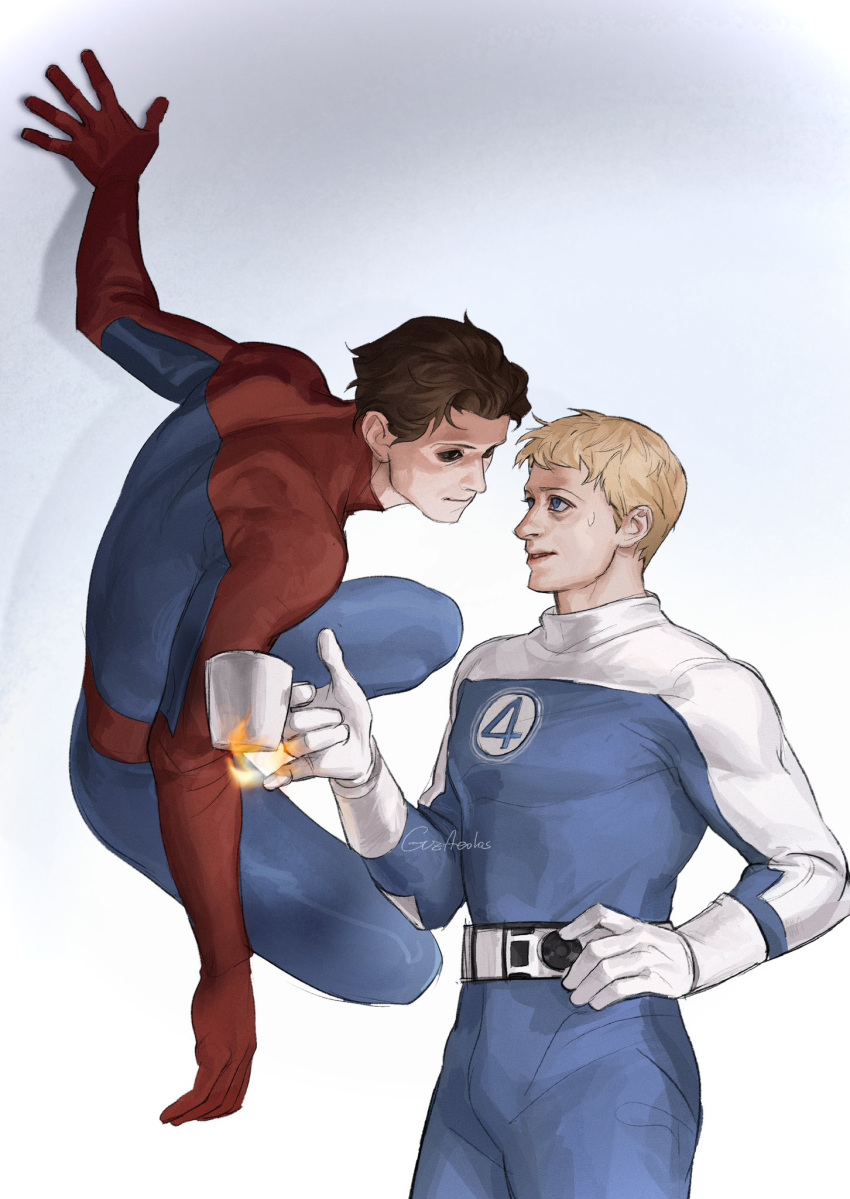 2girls animal_print blue_bodysuit bodysuit commentary cup english_commentary fantastic_four fire gloves guzaeolos highres johnny_storm male_focus marvel multicolored_bodysuit multiple_girls peter_parker red_bodysuit short_hair spider-man spider-man:_brand_new_day spider-man_(original_suit) spider-man_(series) spider_print superhero_costume the_fantastic_four:_first_steps two-tone_bodysuit