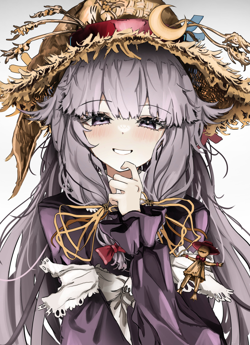 1girl absurdres blush brown_headwear cosplay crescent crescent_hat_ornament dress frilled_sleeves frills grin hat hat_ornament highres little_goody_two_shoes long_hair long_sleeves looking_at_viewer ougiikun patchouli_knowledge purple_dress purple_hair rozenmarine_(little_goody_two_shoes) simple_background smile solo straw_hat touhou upper_body violet_eyes white_background