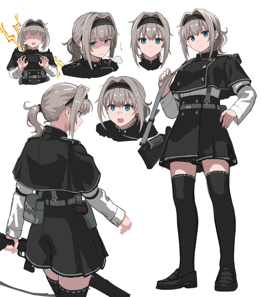 1girl black_capelet black_footwear black_shorts black_thighhighs blue_eyes capelet closed_mouth commentary_request expressionless expressions from_behind full_body grey_hair gun hair_intakes highres holding holding_gun holding_weapon long_sleeves looking_ahead looking_at_viewer multiple_views original over_shoulder pelvic_curtain ponytail shaded_face shirt shorts simple_background standing suspender_shorts suspenders t-naka-s-12 thigh-highs weapon weapon_over_shoulder white_background white_shirt