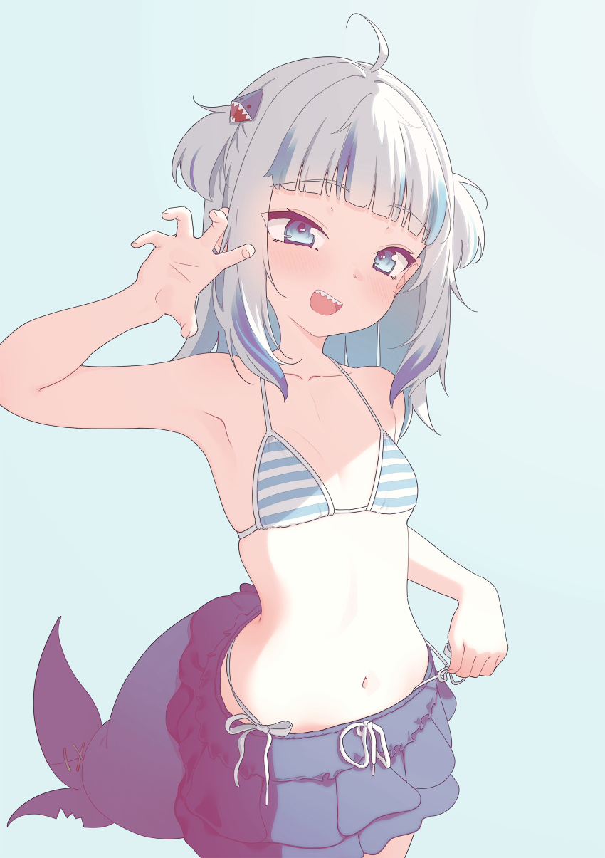 1girl :d absurdres ahoge bare_shoulders bikini bikini_top_only blue_background blue_bikini blue_eyes blue_hair blue_skirt blunt_bangs blush breasts collarbone commentary fins fish_tail flat_chest frilled_skirt frills gawr_gura grey_hair groping_motion hair_ornament highres hololive hololive_english looking_at_viewer lucasyecla99 medium_hair multicolored_bikini multicolored_clothes multicolored_hair navel open_mouth petite photo-referenced photoshop_(medium) shark_girl shark_hair_ornament shark_tail sharp_teeth side-tie_bikini_bottom side_ponytail simple_background skirt small_breasts smile solo spaghetti_strap stomach streaked_hair striped striped_bikini swimsuit swimsuit_skirt symbol-only_commentary tail teeth two_side_up upper_teeth_only virtual_youtuber white_bikini