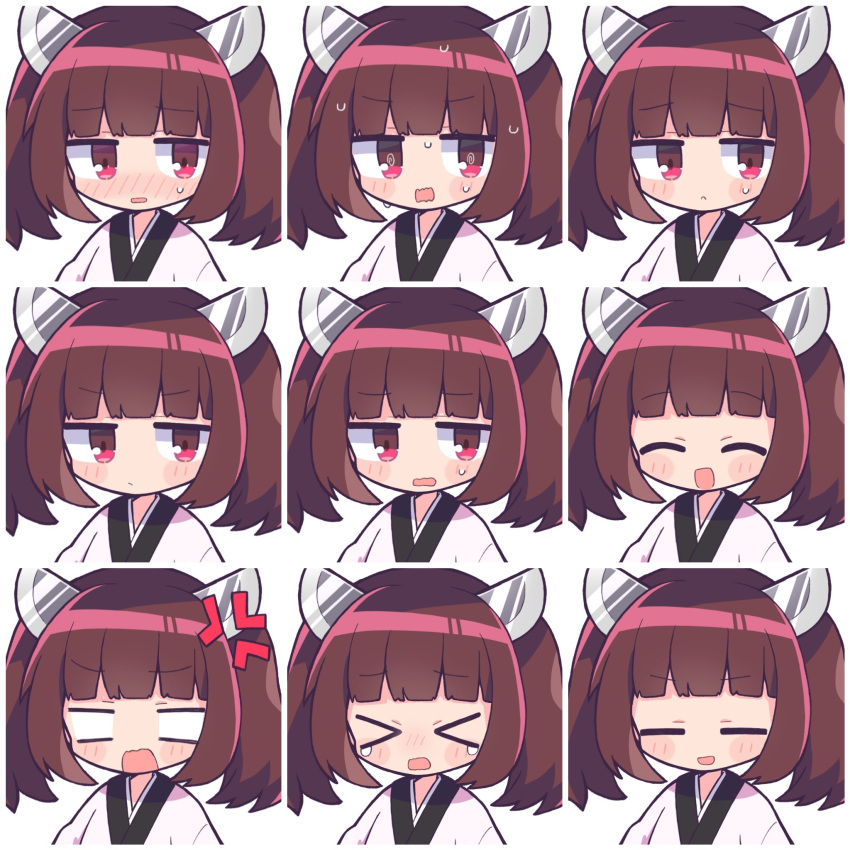 &gt;_&lt; 1girl =_= @_@ ^_^ anger_vein angry blank_eyes blunt_bangs blush blush_stickers brown_hair closed_eyes commentary_request embarrassed expressions flustered frown happy headgear highres japanese_clothes jitome kimono looking_at_viewer multiple_views nervous_sweating nose_blush open_mouth outline red_eyes richard_(richaball) simple_background smile sweat sweatdrop tearing_up touhoku_kiritan twintails v-shaped_eyebrows voiceroid wavy_mouth white_kimono white_outline worried