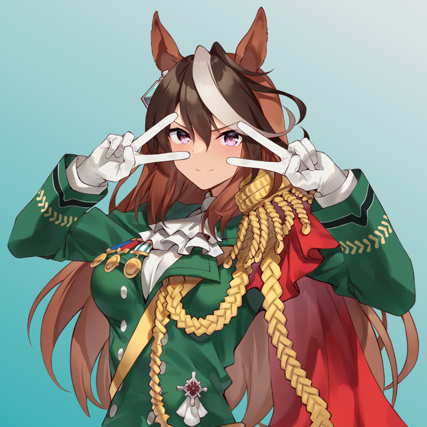 1girl absurdres aiguillette animal_ears ascot breasts brown_hair buttons cape commentary_request double-breasted double_v dress_shirt earrings epaulettes gloves gradient_background green_jacket hair_between_eyes highres horse_ears horse_girl jacket jewelry long_hair long_sleeves looking_at_viewer medal medium_breasts motsunabe_(mo2nap3) multicolored_hair red_cape shirt side_cape single_earring single_epaulette smile solo streaked_hair symboli_rudolf_(umamusume) umamusume upper_body v v_over_eye violet_eyes white_ascot white_gloves white_hair white_shirt