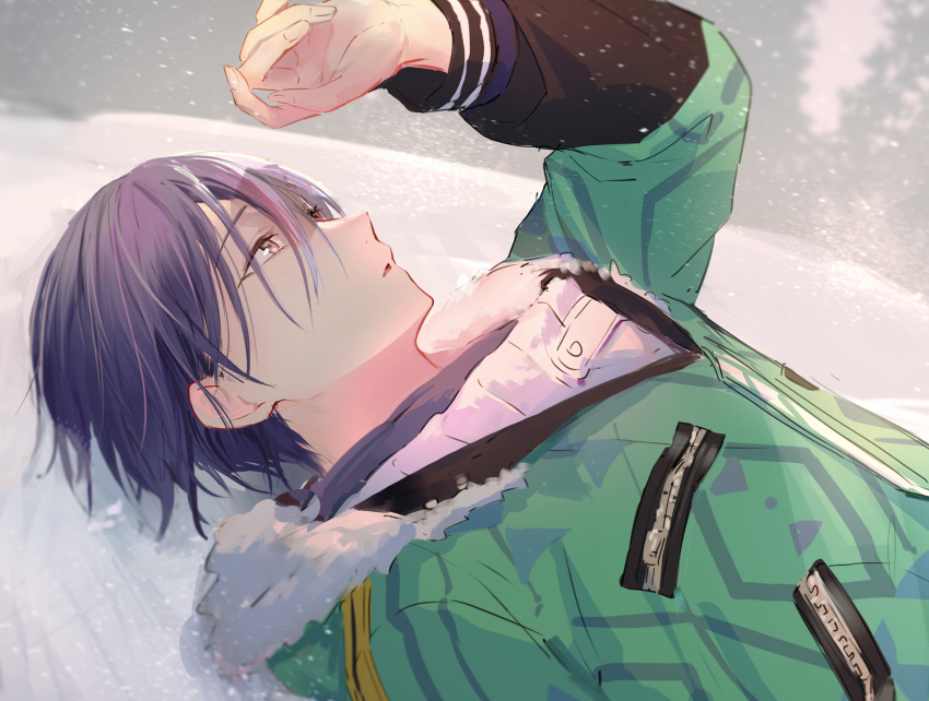 1boy amin_(aminblue) aoyagi_touya blue_hair commentary dark_blue_hair fingernails fur_trim hair_between_eyes highres long_sleeves lying male_focus official_alternate_costume on_back open_mouth project_sekai same_dreams_same_colors_(project_sekai) short_hair snowing solo symbol-only_commentary upper_body winter_clothes zipper