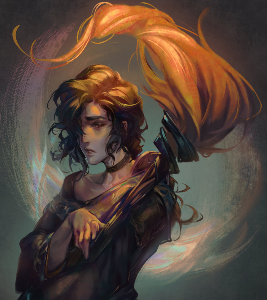 1boy absurdres black_hair english_commentary furrowed_brow gradient_background hair_over_one_eye half-closed_eye highres holding holding_brush hwei_(league_of_legends) league_of_legends long_hair male_focus ponytail sad simple_background snowphel solo swept_bangs upper_body violet_eyes