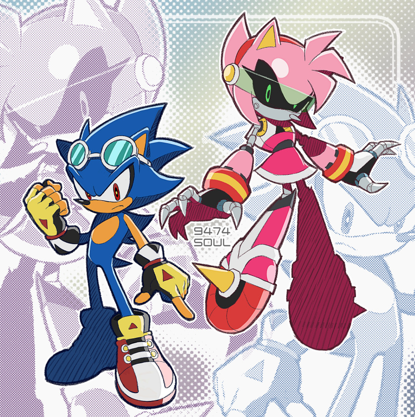 1boy 1girl 9474s0ul alternate_universe amy_rose animal_ears animal_nose clenched_hand closed_mouth commentary english_commentary fingerless_gloves frown full_body furry furry_male gloves goggles goggles_on_head green_eyes hatching_(texture) highres looking_at_viewer metal_amy metal_sonic red_eyes robot sonic_(series) sonic_riders standing tail uekawa_yuji_(style) zoom_layer