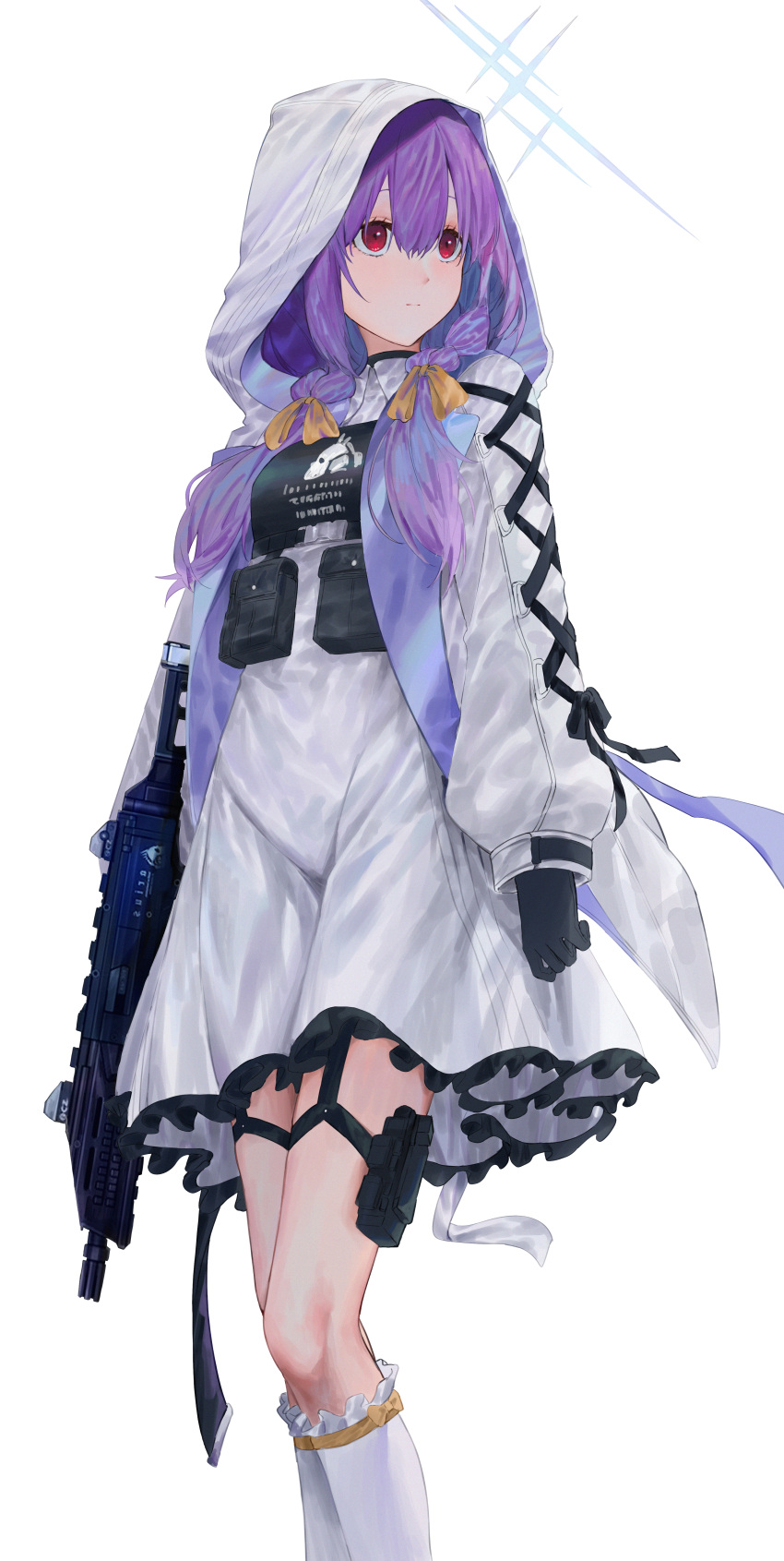 1girl abi_(user_nzav7333) absurdres atsuko_(blue_archive) black_gloves blue_archive blue_halo blush closed_mouth commentary dress feet_out_of_frame frilled_socks frills gloves gun hair_between_eyes halo highres holding holding_gun holding_weapon hood hood_up hooded_jacket jacket kneehighs korean_commentary long_hair long_sleeves purple_hair red_eyes simple_background socks solo weapon white_background white_dress white_jacket white_socks