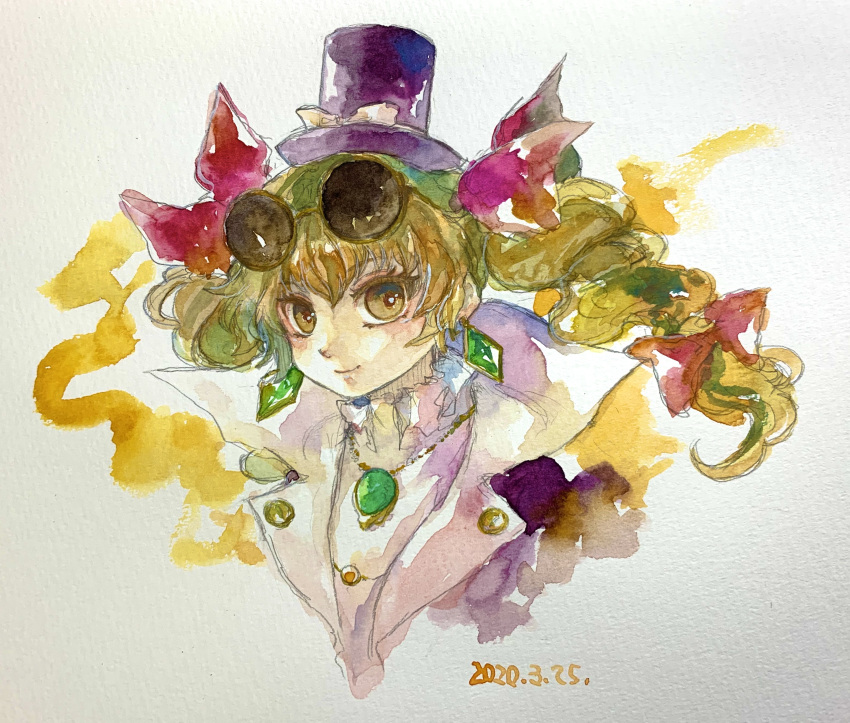 1girl absurdres blonde_hair closed_mouth dated drill_hair earrings eyewear_on_head hat highres jewelry light_smile long_hair looking_at_viewer necklace one-hour_drawing_challenge painting_(medium) portrait shiroma_(mamiko) simple_background solo sunglasses top_hat touhou traditional_media twin_drills watercolor_(medium) white_background yellow_eyes yorigami_jo'on