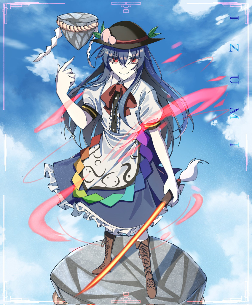1girl artist_name black_headwear blue_skirt blue_sky bow bowtie brown_footwear center_frills closed_mouth clouds commentary english_commentary frilled_skirt frills full_body highres hinanawi_tenshi holding holding_sword holding_weapon izumi_481 keystone looking_at_viewer outdoors peach_hat_ornament red_bow red_bowtie red_eyes short_sleeves skirt sky solo standing sword sword_of_hisou touhou weapon