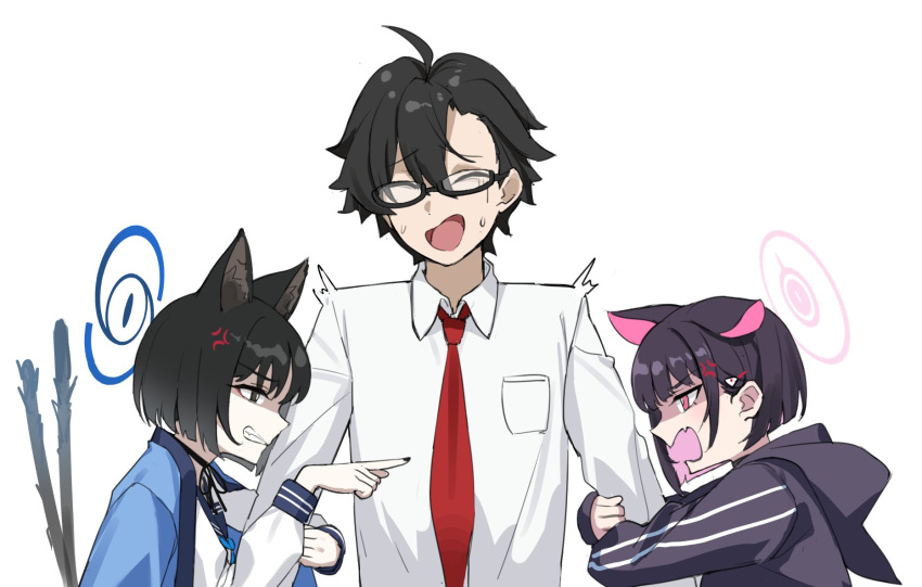 1boy 2girls ahoge anger_vein animal_ears black_eyes black_hair black_hoodie black_jacket black_nails blue_archive blue_halo cat_ears cat_tail colored_inner_hair extra_ears eyeshadow glasses halo highres holding_another's_arm hood hooded_jacket hoodie jacket kazusa_(blue_archive) kikyou_(blue_archive) makeup multicolored_hair multiple_girls multiple_tails nail_polish necktie pink_halo pointing pointing_at_another purple_halo red_eyeshadow semi-rimless_eyewear tail tamago_(eva1314056) two-tone_hair two_tails white_background