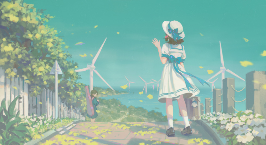 2girls absurdres back_bow black_footwear blue_bow blue_sky bow brown_hair charm_(object) commentary_request day facing_away falling_leaves fence flower from_behind guitar_case hair_bow hand_up hat hat_bow highres holding holding_suitcase hyxifeng instrument_case leaf looking_at_another looking_back medium_hair multiple_girls ocean original outdoors picket_fence pink_bow plant pleated_skirt puffy_short_sleeves puffy_sleeves road road_sign sailor_collar scenery school_uniform shirt shoes short_sleeves sign skirt sky socks standing suitcase tree waving white_flower white_headwear white_sailor_collar white_shirt white_skirt white_socks wind_turbine wooden_fence