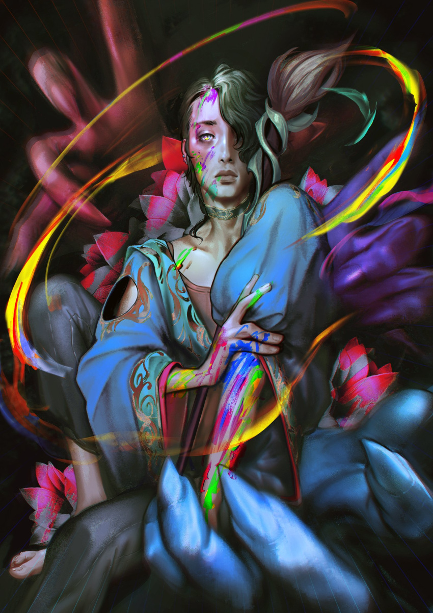 1boy black_hair black_pants closed_mouth earrings english_commentary expressionless fingernails flower hair_over_one_eye hand_on_own_arm highres hwei_(league_of_legends) jewelry league_of_legends long_hair looking_at_viewer male_focus multicolored_eyes multiple_hands paint paintbrush pants sharp_fingernails sitting solo toenails wanda_(wandakun)