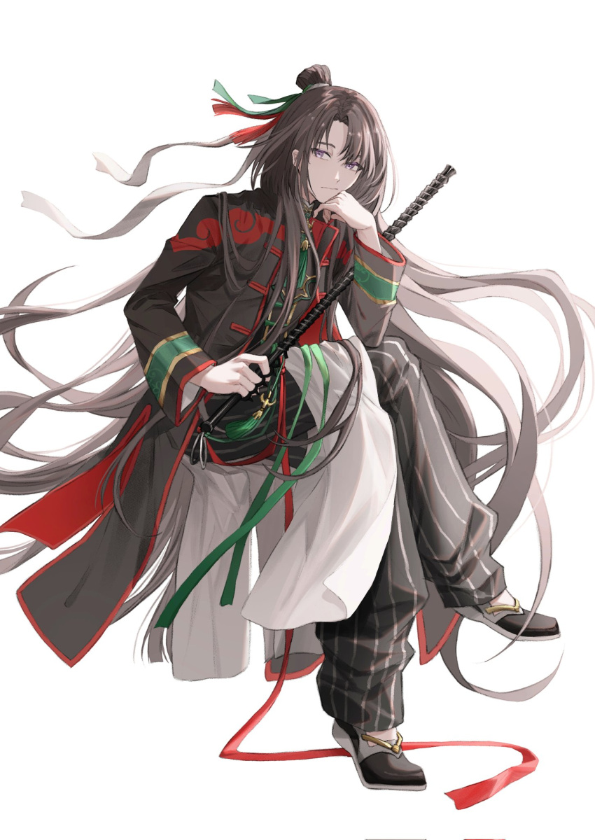 1boy :/ black_coat black_footwear black_hair black_pants black_shirt changpao chinese_clothes closed_mouth coat crossed_legs fate/grand_order fate_(series) fishing_rod full_body green_ribbon hair_ribbon hand_on_own_cheek hand_on_own_face high_collar highres holding holding_fishing_rod invisible_chair long_hair long_sleeves looking_at_another looking_at_viewer male_focus neck_tassel open_clothes open_coat pants poshi00 red_ribbon ribbon shirt shoes sideways_glance simple_background sitting solo striped striped_pants tai_gong_wang_(fate) tassel topknot vertical-striped_pants vertical_stripes very_long_hair violet_eyes white_background wide_sleeves