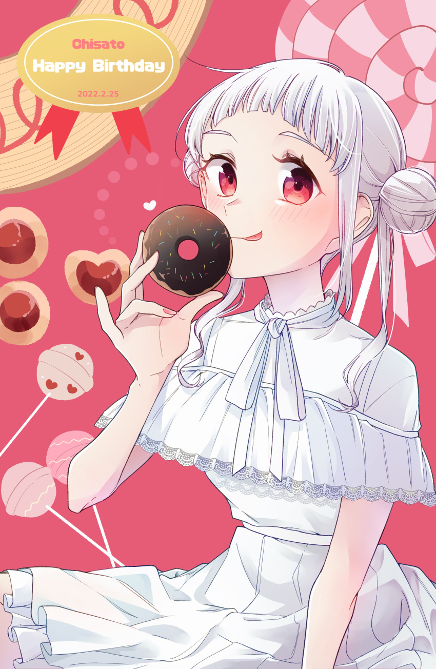 1girl absurdres arashi_chisato blush candy character_name commentary cowboy_shot dated double_bun doughnut dress food hair_bun highres holding holding_food kashikaze lollipop looking_at_viewer love_live! love_live!_superstar!! medium_hair pink_background pleated_dress red_eyes short_sleeves sidelocks solo tongue tongue_out white_dress white_hair