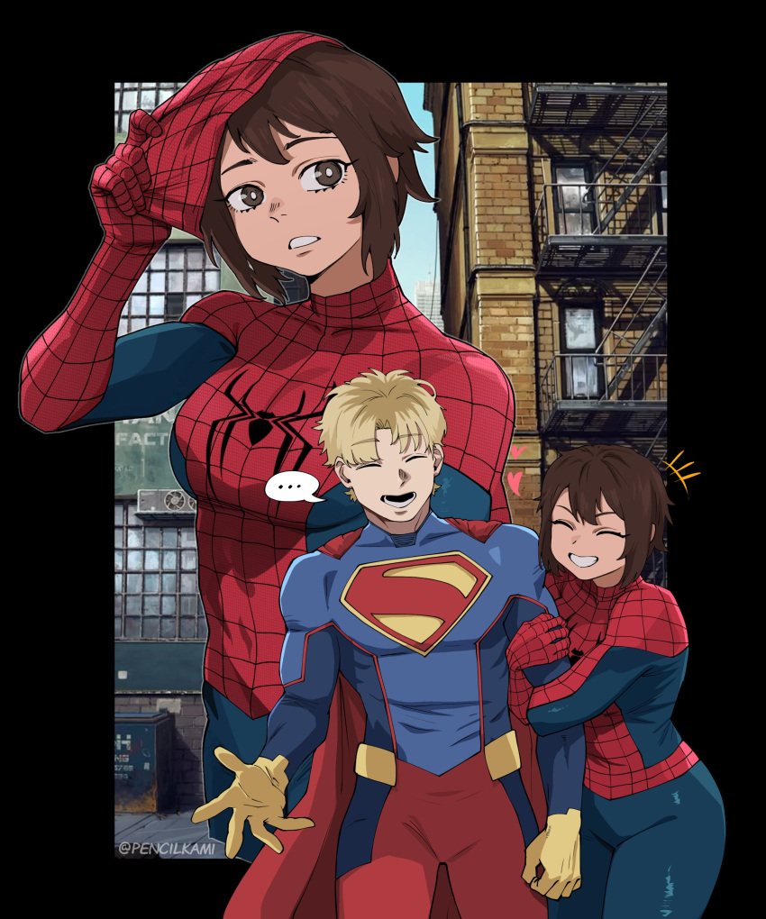 1boy 1girl absurdres blonde_hair blue_bodysuit blush bodysuit breasts brown_eyes brown_hair cape dc_comics genderswap genderswap_(ftm) genderswap_(mtf) highres marvel mask multicolored_bodysuit pencilkami peter_parker petra_parker_(otrebot) red_bodysuit red_cape short_hair spider-man spider-man_(original_suit) spider-man_(series) spider_web_print supergirl superhero_costume superman_(series) superman_logo two-tone_bodysuit