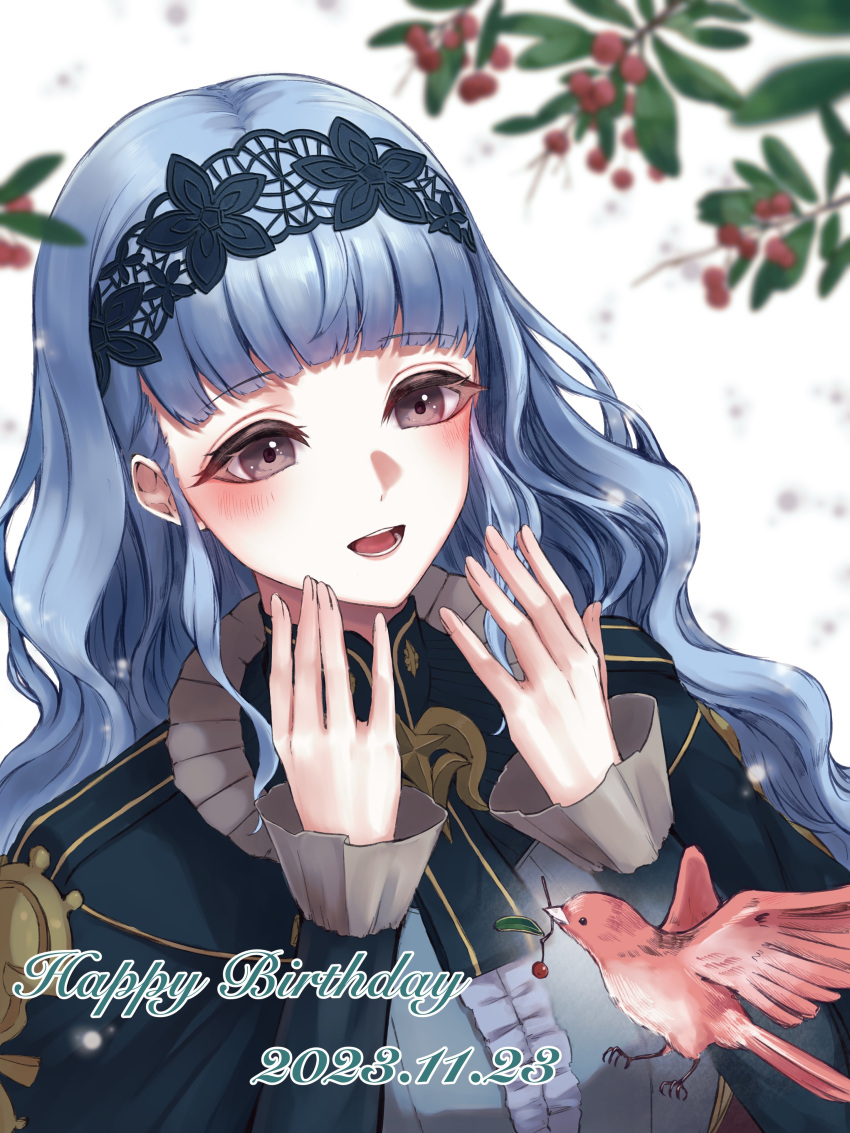 1girl absurdres bird birthday blue_hair blunt_bangs blush breasts brown_eyes character_name dated fire_emblem fire_emblem:_three_houses fire_emblem_warriors:_three_hopes happy happy_birthday highres long_hair long_sleeves marianne_von_edmund miran_(olivine_20) official_alternate_costume official_alternate_hairstyle open_mouth sidelocks smile solo wavy_hair