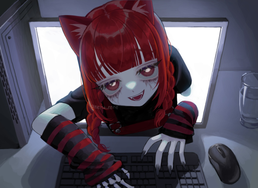 1girl animal_ear_fluff animal_ears arm_warmers black_arm_warmers black_nails black_shirt blunt_bangs bone braid bright_pupils computer desk dot_nose fangs furrowed_brow glass half-closed_eyes horror_(theme) indoors keyboard_(computer) monitor mouse_(computer) nelta_rene open_mouth original overalls red_arm_warmers red_eyeliner red_eyes red_overalls redhead runny_makeup shirt short_sleeves sidelocks solo striped_arm_warmers through_screen twin_braids water watermark white_pupils