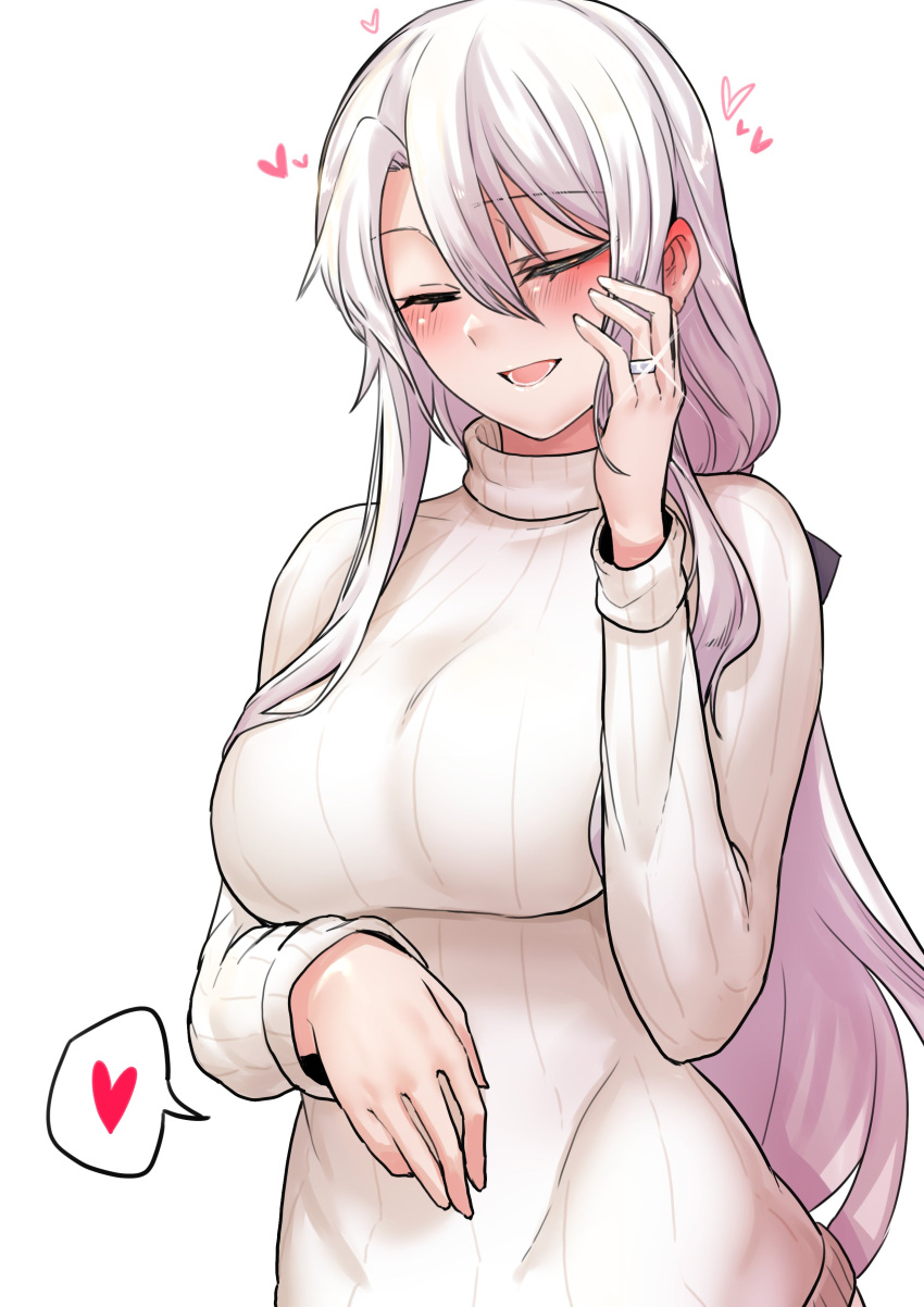 1girl 2poet 9a-91_(girls'_frontline) absurdres blush breasts closed_eyes commentary_request girls_frontline hair_between_eyes hand_on_own_stomach heart highres korean_commentary large_breasts long_hair long_sleeves low_ponytail lower_teeth_only open_mouth simple_background solo sweater teeth upper_body white_background white_hair white_sweater