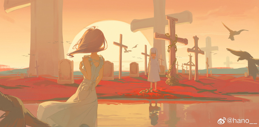 2girls absurdres artist_name bare_arms bird brown_hair dress floating from_behind graveyard hair_between_eyes hano_1219 highres multiple_girls original outdoors reflection reflective_water shaded_face sidelocks signature sky sleeveless standing sun sunset water white_dress white_hair