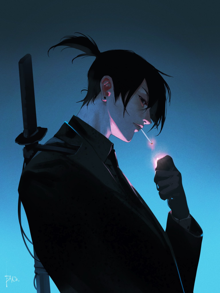 1boy bani-lizo black_gloves black_jacket black_necktie black_shirt blue_background chainsaw_man cigarette collared_shirt earrings from_side gloves glowing gradient_background grey_gloves grey_shirt hand_up hayakawa_aki high_ponytail highres holding holding_lighter jacket jewelry katana lighter lighting_cigarette looking_at_viewer male_focus mouth_hold necktie ponytail profile shirt sideways_glance signature smoking solo stud_earrings sword upper_body weapon weapon_on_back