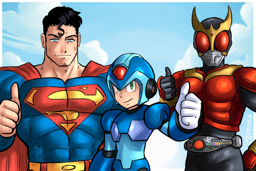 3boys absurdres android armor black_hair blue_bodysuit blue_helmet blue_sky bodysuit border cape clark_kent closed_mouth clouds commentary commission dc_comics english_commentary green_eyes helmet highres kamen_rider kamen_rider_kuuga kamen_rider_kuuga_(mighty_form) kamen_rider_kuuga_(series) male_focus mega_man_(series) mega_man_x_(series) multiple_boys muscular muscular_male outdoors red_cape short_hair sky smile superman superman_(series) superman_logo thumbs_up upper_body videajames white_border x_(mega_man)