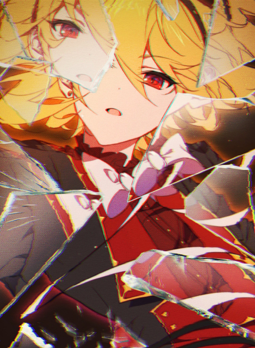 1boy black_jacket blonde_hair bow broken_glass ensemble_stars! glass highres jacket kes_0210 looking_at_viewer male_focus multicolored_clothes multicolored_jacket nito_nazuna official_alternate_costume open_mouth red_eyes red_jacket red_shirt reminiscence_marionette_(ensemble_stars!) shirt solo white_bow