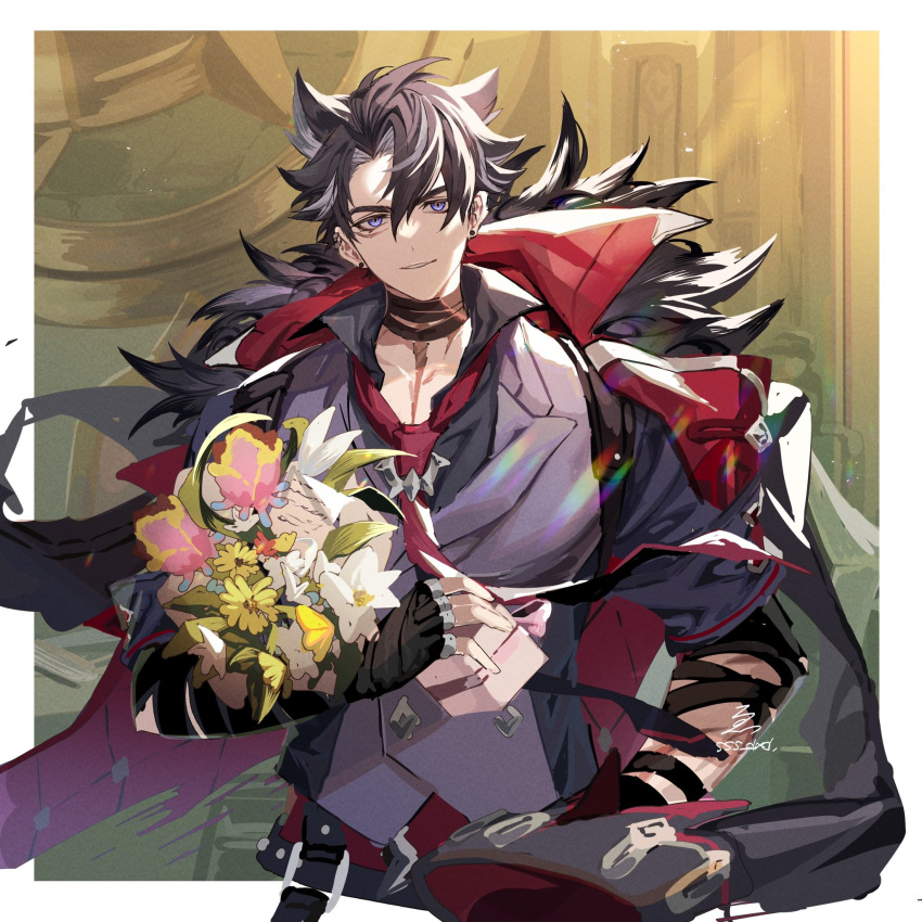 1boy artist_name bandaged_arm bandaged_neck bandages black_coat black_gloves black_hair black_shirt border bouquet box buttons coat coat_on_shoulders collared_shirt commentary_request ear_piercing earrings fingerless_gloves flower fur-trimmed_coat fur_trim genshin_impact gift gift_box gloves grey_hair grey_vest hair_between_eyes hand_on_own_hip highres holding holding_bouquet holding_gift jewelry lapels looking_at_viewer male_focus multicolored_hair necktie outside_border parted_bangs parted_lips piercing pink_flower red_necktie scar scar_on_arm scar_on_cheek scar_on_face scar_on_neck shirt short_hair short_sleeves signature smile solo sss_dxd streaked_hair stud_earrings two-sided_coat two-sided_fabric upper_body vest violet_eyes white_border white_flower wriothesley_(genshin_impact) yellow_flower