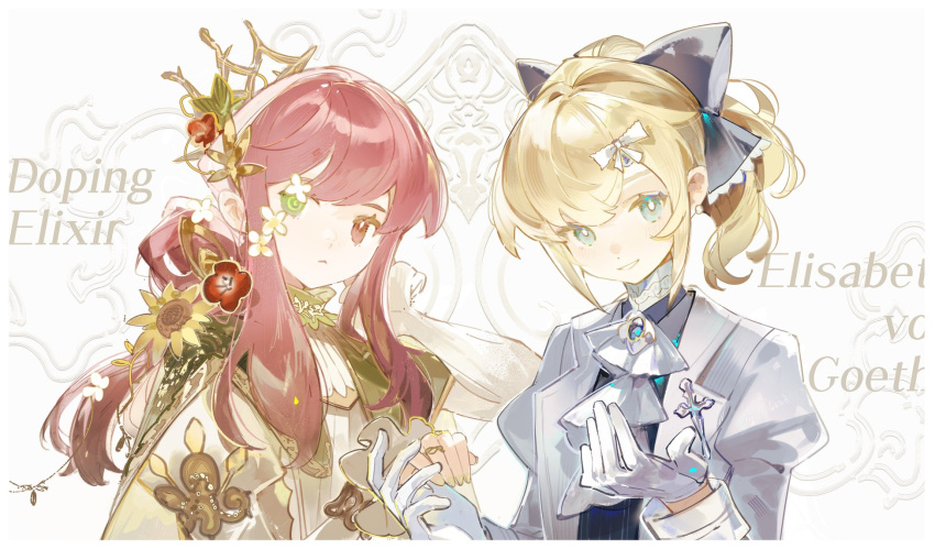 2girls :&lt; apron black_bow black_vest blonde_hair blue_eyes bow bug butterfly butterfly_on_head capelet character_name choker closed_mouth coattails collared_shirt commentary crown eyelashes flower frilled_sleeves frills gloves gold_headwear green_capelet green_choker green_eyes grey_jacket hair_bow hair_flower hair_ornament hair_over_shoulder hand_on_another's_hand heterochromia high_collar highres jacket jewelry juliet_sleeves lace-trimmed_bow lace_trim light_frown long_hair long_sleeves looking_at_viewer mini_crown multiple_girls open_clothes open_jacket open_mouth original outstretched_hand pansy ponytail puffy_sleeves red_eyes red_flower redhead ring satonishi shirt smile sunflower teeth upper_body vest white_apron white_background white_bow white_butterfly white_flower white_gloves white_jacket white_shirt yellow_flower