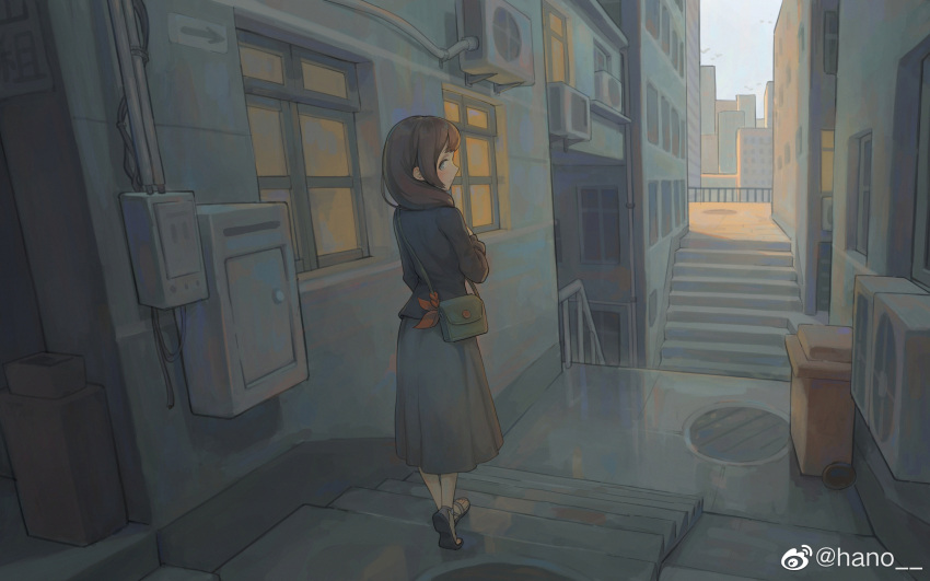 1girl artist_name black_skirt brown_hair building cityscape container from_behind green_eyes hair_between_eyes hano_1219 highres looking_at_viewer looking_back original outdoors sandals shadow sidelocks signature skirt sky smile solo stairs standing toeless_footwear toes window