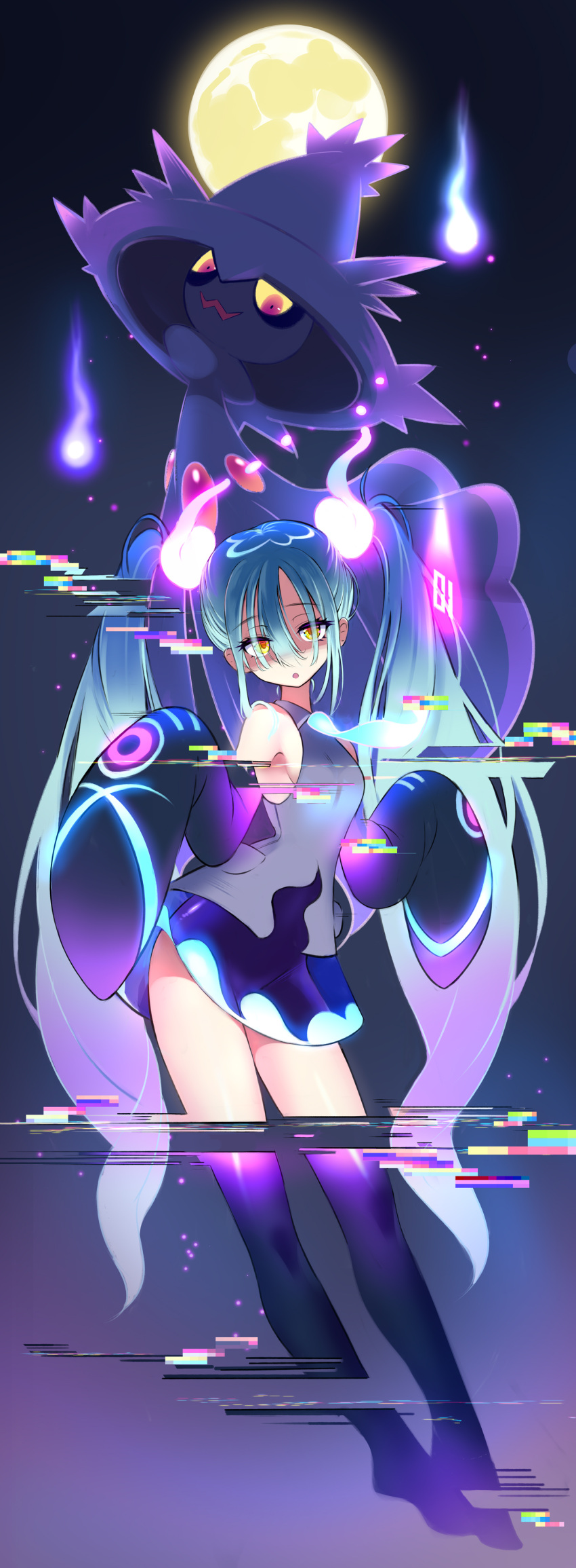 1girl absurdres armpits black_sleeves blue_hair detached_sleeves full_body full_moon ghost_miku_(project_voltage) glitch grey_shirt hatsune_miku highres hitodama long_hair looking_at_viewer looking_down miniskirt mismagius moon multicolored_hair necktie pale_skin pokemon pokemon_(creature) project_voltage shirt skirt sleeveless thigh-highs tm_(hanamakisan) twintails two-tone_hair very_long_hair vocaloid white_hair yellow_eyes