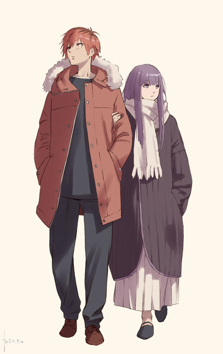 1boy 1girl adapted_costume bani-lizo black_coat black_footwear black_hair black_pants black_shirt blunt_bangs closed_mouth coat dress enpera fern_(sousou_no_frieren) full_body fur-trimmed_jacket fur_trim hand_in_pocket hand_on_another's_arm hand_up hands_in_pockets highres hood hood_down hooded_jacket jacket long_hair long_sleeves looking_to_the_side multicolored_hair pants pleated_dress purple_hair red_eyes red_footwear red_jacket redhead scarf shirt shoes short_hair sidelocks simple_background sousou_no_frieren stark_(sousou_no_frieren) straight_hair streaked_hair violet_eyes walking white_background white_dress white_scarf