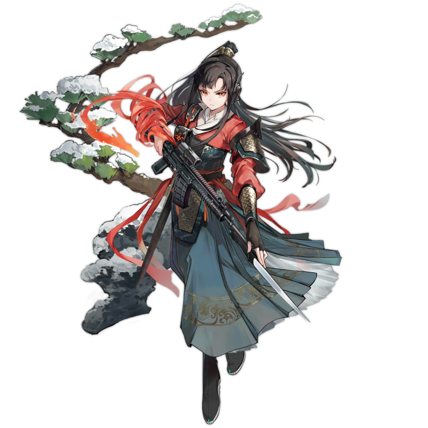 1girl bayonet black_footwear black_gloves black_hair blue_skirt boots branch closed_mouth fingerless_gloves full_body girls_frontline gloves gun headset high_ponytail highres holding holding_gun holding_weapon imoko_(imonatsuki) japanese_clothes kimono long_skirt long_sleeves looking_at_viewer official_alternate_costume official_art orange_eyes pouch qbz-191 qbz-191_(girls'_frontline) qbz-191_(lone_pine_walker)_(girls'_frontline) red_kimono red_ribbon rerebrace ribbon rock scope serious simple_background skirt snow solo third-party_source transparent_background vambraces weapon