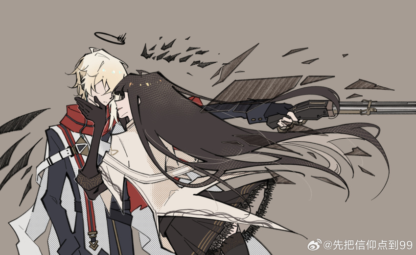 1boy 1girl ahoge arched_back arknights artist_name belt belt_buckle black_belt black_coat black_garter_straps black_gloves black_halo black_sleeves black_wings blonde_hair blunt_bangs broken_halo brown_gloves brown_hair brown_skirt brown_wings buckle buttons chinese_commentary chinese_text cloak closed_mouth coat collared_jacket commentary_request cousins cowboy_shot crosshatching dark_halo detached_wings earpiece energy_wings executor_(arknights) executor_the_ex_foedere_(arknights) expressionless faceless faceless_female faceless_male facing_ahead facing_another film_grain finger_on_trigger fingerless_gloves floating_hair from_side garter_straps gloves grey_thighhighs gun hair_between_eyes halftone halo hand_on_another's_cheek hand_on_another's_face hand_up hatching_(texture) highres hime_cut holding holding_weapon jacket layered_sleeves leaning leaning_forward leaning_on_person lever_action light_brown_background linear_hatching long_hair long_sleeves mechanical_halo mechanical_wings messy_hair miniskirt multicolored_cloak official_alternate_costume outline outstretched_arm parted_lips pleated_skirt profile red_cloak short_hair short_over_long_sleeves short_sleeved_jacket short_sleeves shotgun sidelocks simple_background skirt sleeve_cuffs smile standing striped thigh-highs two-tone_cloak variant_set vertical_stripes very_long_hair virtuosa_(arknights) watermark weapon weibo_5871963998 weibo_logo weibo_username white_belt white_cloak white_jacket white_outline wide_sleeves wings wire zettai_ryouiki