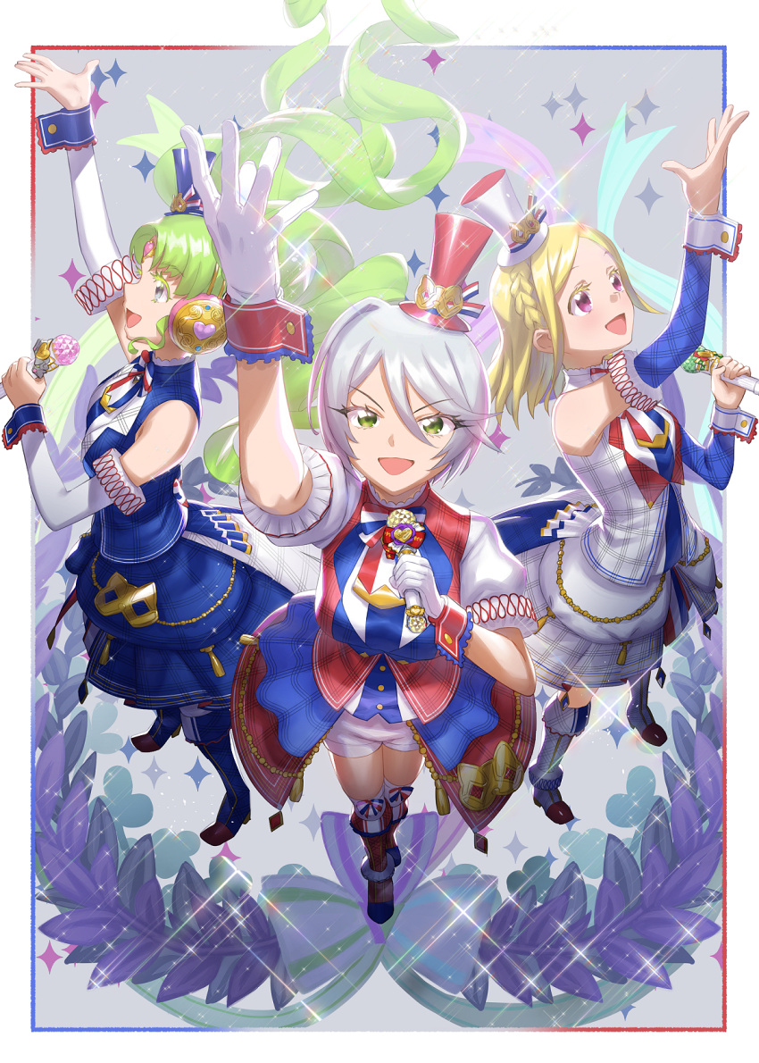 3girls :d arm_up blonde_hair blue_jacket blue_skirt bow braid chain colored_eyelashes commentary_request crown_braid eye_mask falulu floating_hair forehead_jewel foreshortening from_above full_body gloves green_eyes green_hair grey_background grey_eyes grey_hair hair_between_eyes hand_up hat headphones highres holding holding_microphone idol_clothes jacket long_hair looking_at_viewer microphone midorikaze_fuwari mini_hat mini_top_hat multiple_girls murakami_hisashi music open_mouth parted_bangs pretty_(series) pripara reverse_trap shikyoin_hibiki short_hair shorts sidelocks singing skirt smile sparkle standing top_hat twintails very_long_hair white_gloves white_jacket white_shorts white_skirt wrist_cuffs