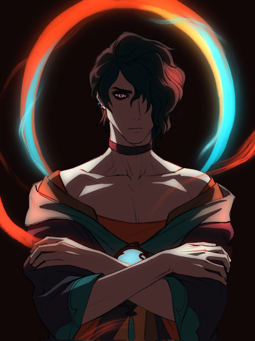 1boy black_background black_hair closed_mouth collarbone crossed_arms earrings hair_over_one_eye highres hwei_(league_of_legends) jewelry league_of_legends long_hair male_focus paint_splatter ponytail serious simple_background solo suanzi swept_bangs upper_body violet_eyes wide_sleeves