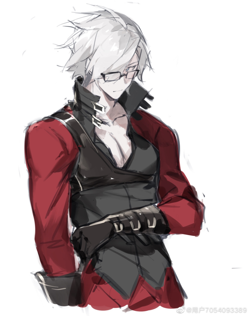 1boy belt bishounen black_gloves blue_eyes coat dante_(devil_may_cry) devil_may_cry_(series) devil_may_cry_2 glasses gloves hair_over_one_eye highres long_hair looking_at_viewer male_focus pale_skin red_coat solo weibo_7054093389 white_hair