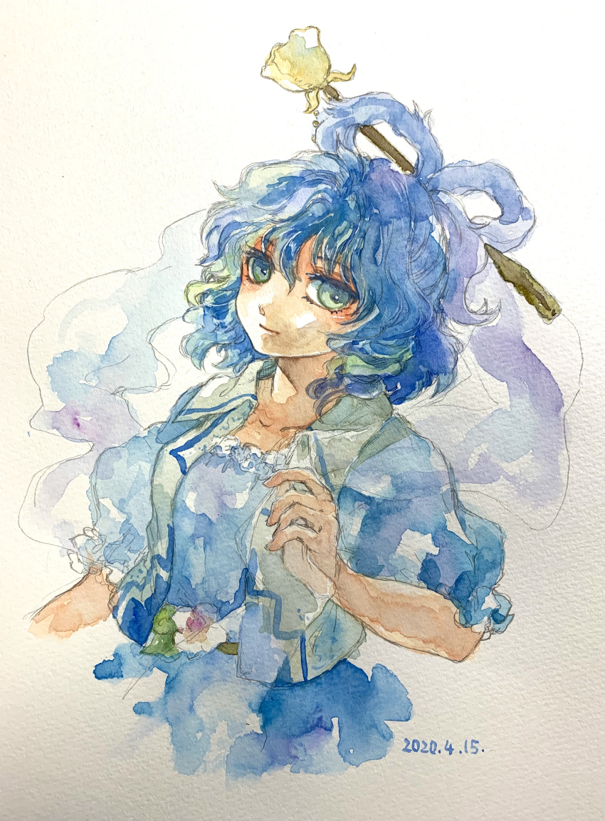 1girl absurdres blue_eyes blue_hair blue_shirt blue_skirt breasts closed_mouth collarbone dated flower frilled_sleeves frills hagoromo hair_between_eyes hair_ornament hair_rings hair_stick highres kaku_seiga light_smile looking_at_viewer one-hour_drawing_challenge painting_(medium) puffy_short_sleeves puffy_sleeves rose shawl shiroma_(mamiko) shirt short_sleeves simple_background skirt small_breasts solo touhou traditional_media upper_body vest watercolor_(medium) white_background white_flower white_rose white_vest