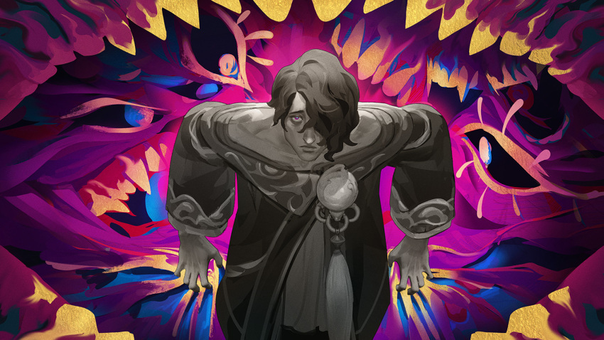 1boy closed_mouth earrings extra_eyes furrowed_brow greyscale_with_colored_background hair_over_one_eye hwei_(league_of_legends) jewelry league_of_legends long_sleeves looking_at_viewer male_focus official_art solo swept_bangs upper_body violet_eyes