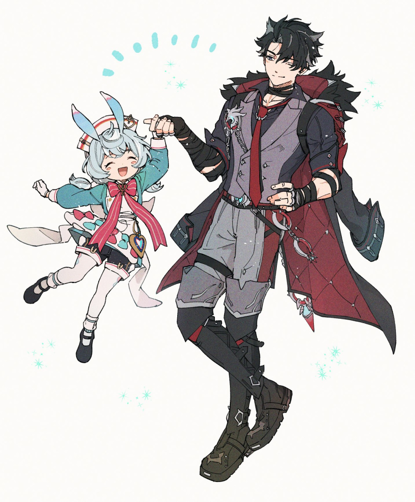 1boy 1girl :d ^_^ animal_ears apron aqua_bow aqua_dress arm_up bandaged_arm bandaged_neck bandages black_coat black_footwear black_gloves black_hair black_shirt black_shorts blue_eyes blue_hair blush_stickers boots bow bowtie brooch buttons chain closed_eyes closed_mouth coat coat_on_shoulders collared_shirt commentary_request cuffs deka_gensin dress earrings fingerless_gloves full_body fur-trimmed_coat fur_trim genshin_impact gloves grey_hair grey_pants hair_between_eyes hair_ornament hand_on_own_hip hand_up handcuffs hat highres holding_hands jewelry knee_boots long_sleeves looking_at_another low_twintails medium_hair multicolored_hair necktie nurse_cap one_eye_closed open_mouth pants pantyhose parted_bangs pom_pom_(clothes) pom_pom_hair_ornament red_bow red_bowtie red_necktie scar scar_on_arm scar_on_neck shirt shoes short_hair short_shorts short_sleeves short_twintails shorts sidelocks sigewinne_(genshin_impact) simple_background sleeve_cuffs smile sparkle split_mouth streaked_hair stud_earrings twintails two-sided_coat two-sided_fabric white_apron white_background white_gloves white_headwear white_pantyhose wriothesley_(genshin_impact)
