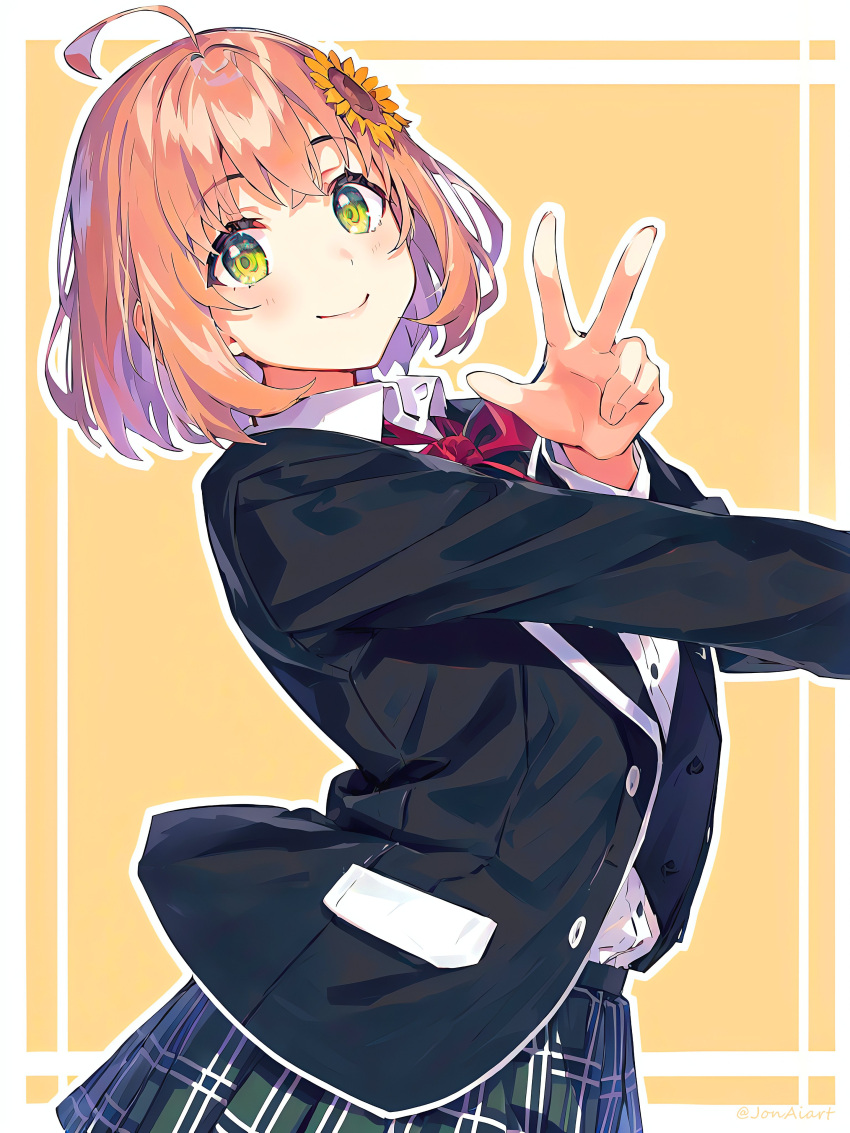 1girl absurdres ahoge black_jacket blazer collared_shirt commentary_request dress_shirt flower green_eyes hair_flower hair_ornament highres honma_himawari honma_himawari_(1st_costume) jacket jon_(jonaiart) nijisanji orange_hair shirt short_hair smile solo sunflower sunflower_hair_ornament v virtual_youtuber yellow_flower