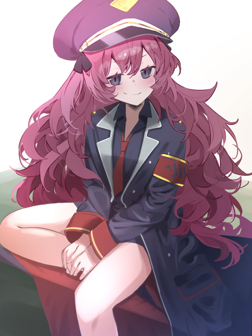 1girl armband black_coat black_headwear black_shirt blue_archive blush closed_mouth coat collared_shirt grey_eyes hair_between_eyes hat highres hiyayakko_(jfky2528) iroha_(blue_archive) long_hair long_sleeves looking_at_viewer necktie open_clothes open_coat peaked_cap red_armband red_necktie redhead shirt sitting smile solo