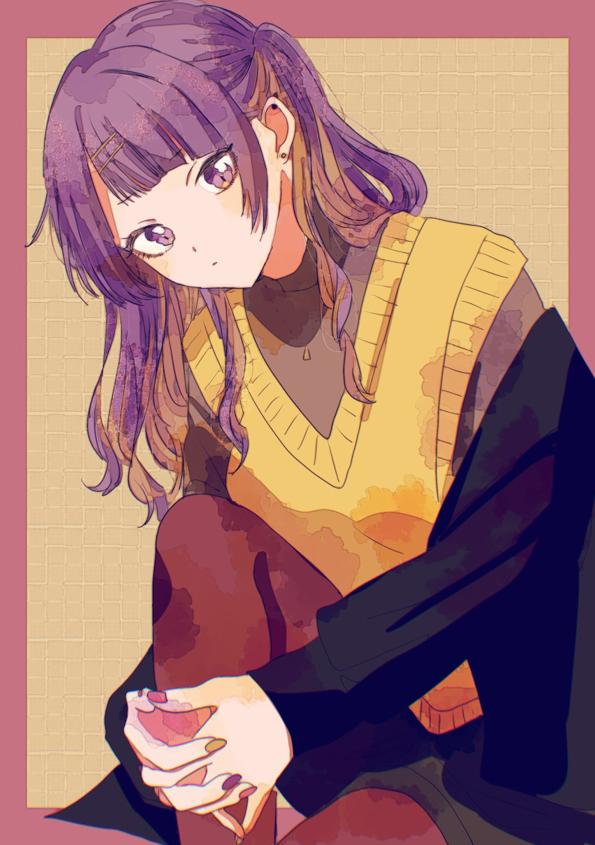 1girl black_jacket blunt_bangs fingernails grey_sweater head_tilt highres holding_own_leg idolmaster idolmaster_shiny_colors interlocked_fingers jacket looking_at_viewer multicolored_nails nail_polish own_hands_together paddy_field purple_hair simple_background solo sweater tanaka_mamimi two-tone_background vest violet_eyes yellow_vest