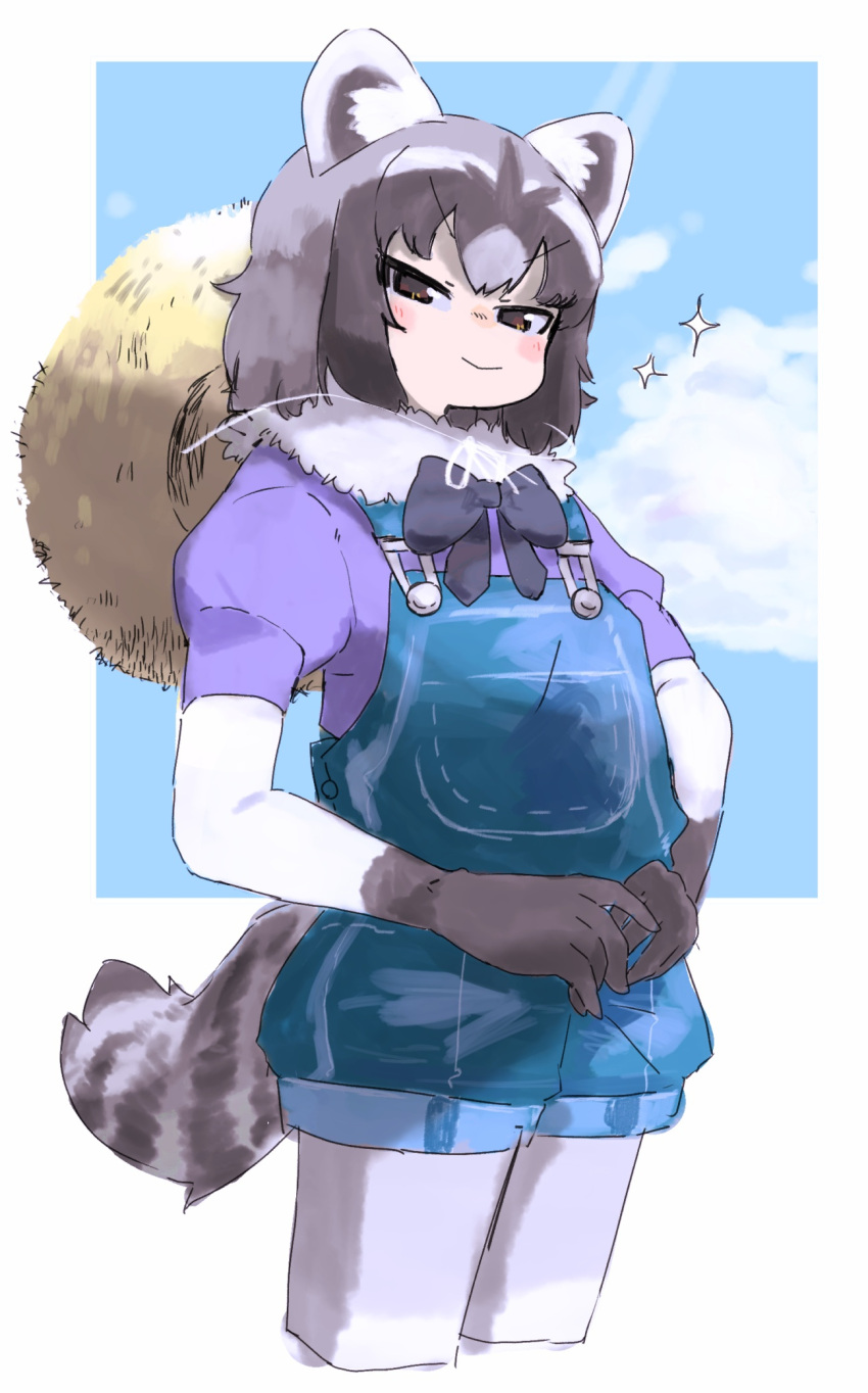 1girl :&gt; alternate_costume animal_ears black_bow black_bowtie black_gloves black_hair blue_background blue_overalls blush_stickers border bow bowtie brown_eyes buttergirl_02 chin_strap clouds commentary_request common_raccoon_(kemono_friends) cropped_legs elbow_gloves fur_collar gloves grey_hair half-closed_eyes hat hat_around_neck highres kemono_friends looking_at_viewer multicolored_hair outside_border overall_shorts overalls own_hands_together pantyhose puffy_short_sleeves puffy_sleeves purple_pantyhose purple_shirt raccoon_ears raccoon_girl raccoon_tail shirt short_sleeves smile solo sparkle straw_hat tail two-tone_gloves v-shaped_eyebrows white_border white_gloves